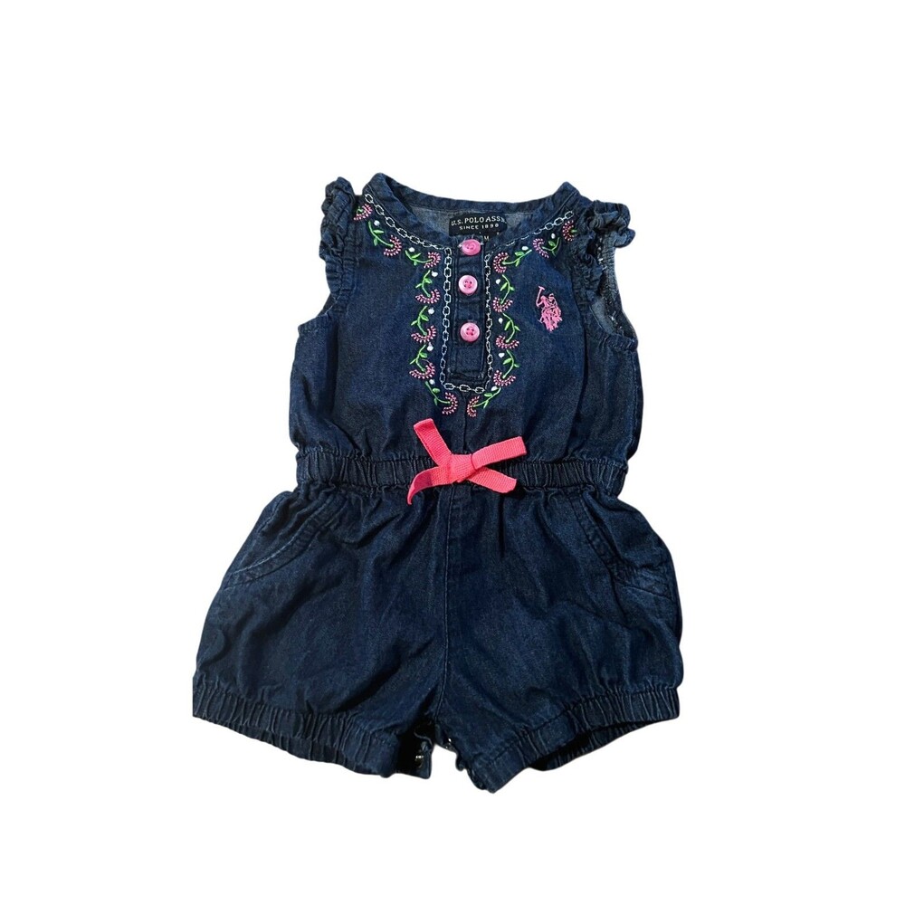 US Polo Assn Baby Girl's Blue Denim Ruffle Embroidery Romper Size 3/6 Months